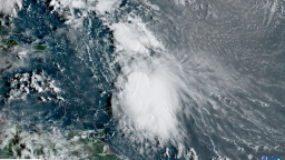 Tropical Storm Jerry as seen by weather satellite on Thursday morning as it nears the Leeward Islands.