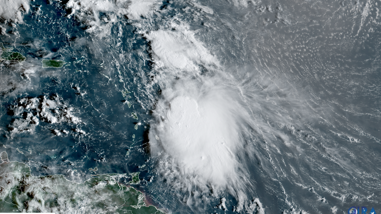 Tropical Storm Jerry as seen by weather satellite on Thursday morning as it nears the Leeward Islands.