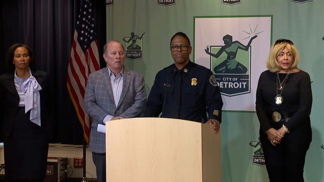 Detroit Mayor Mike Duggan, second from left, and Interim Police Chief Todd Bettison, second from right, and other city officials discuss the Williams' children's deaths and city services for the unhoused at a Tuesday news conference.