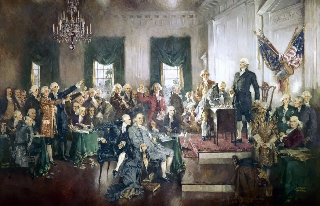 The signing of the United States Constitution, oil on Howard Chandler Christy canvas.