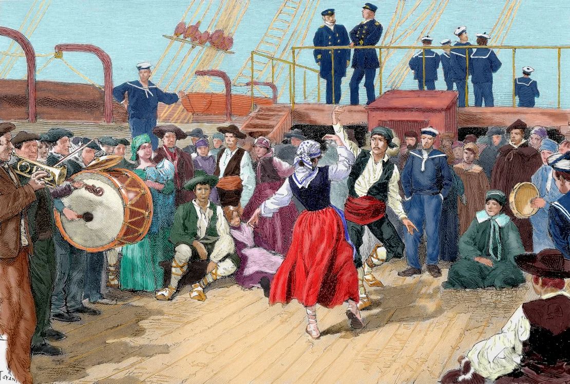 In this engraving Spanish emigrants are represented aboard a ship towards Argentina.