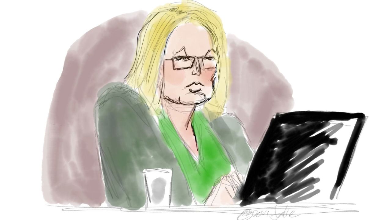 This sketch by CNN's Jake Tapper shows Stormy Daniels in the courtroom on Thursday, May 9.