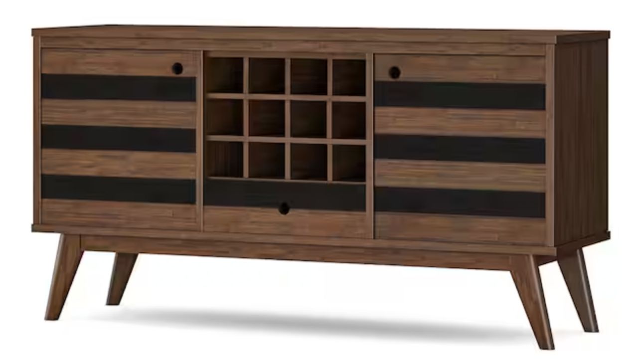 Clarkson SOLID ACACIA WOOD 60 in. Rectangle Mid Century Sideboard with Wine Storage in Rustic Natural Aged Brown .jpg
