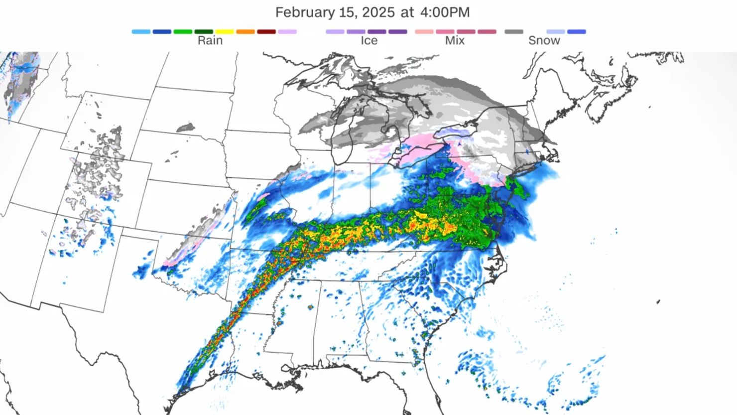 Un modelo de pronóstico muestra donde la tormenta en curso traerá lluvia, nieve, hielo y tormentas eléctricas a finales de esta tarde.