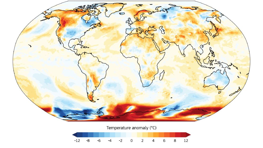 This map shows the difference between Sunday's temperatures and the planet's average temperature (1991-2020). Data source: ERA5.