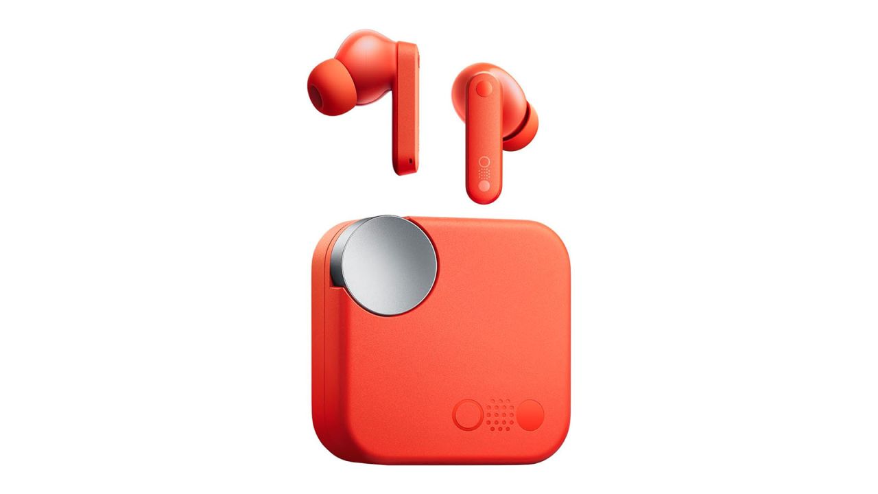 Orange earbuds and their square case on a white background.