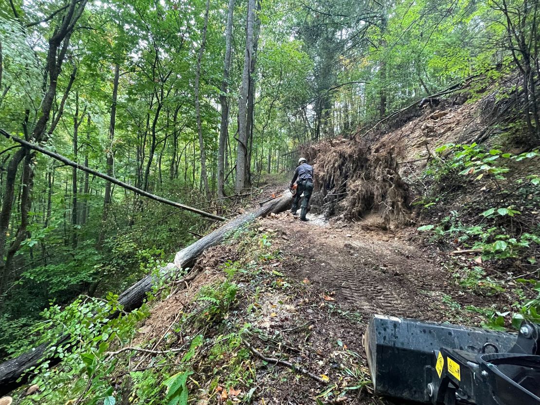 A portion of the Appalachian Trail is cleared from Hurricane Helene damage in the Cherokee National Forest.