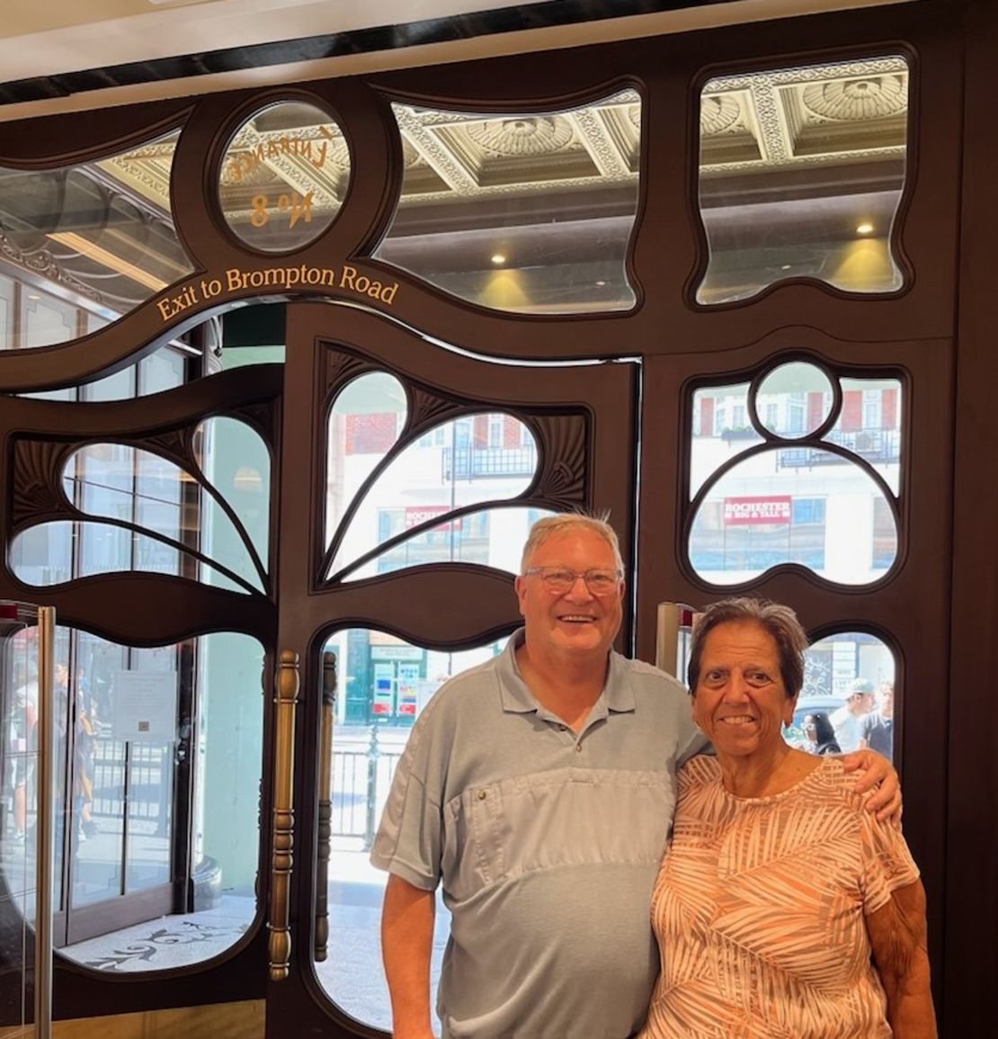 Here are Dave and Angela photographed at Harrods department store during a 2023 visit to London.