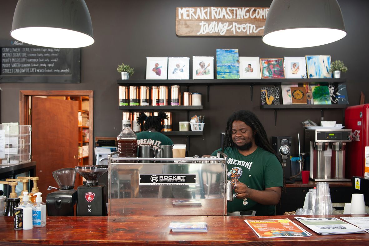 <strong>A jolt of caffeine:</strong> Roger Jones prepares coffee at Meraki Roasting Co.