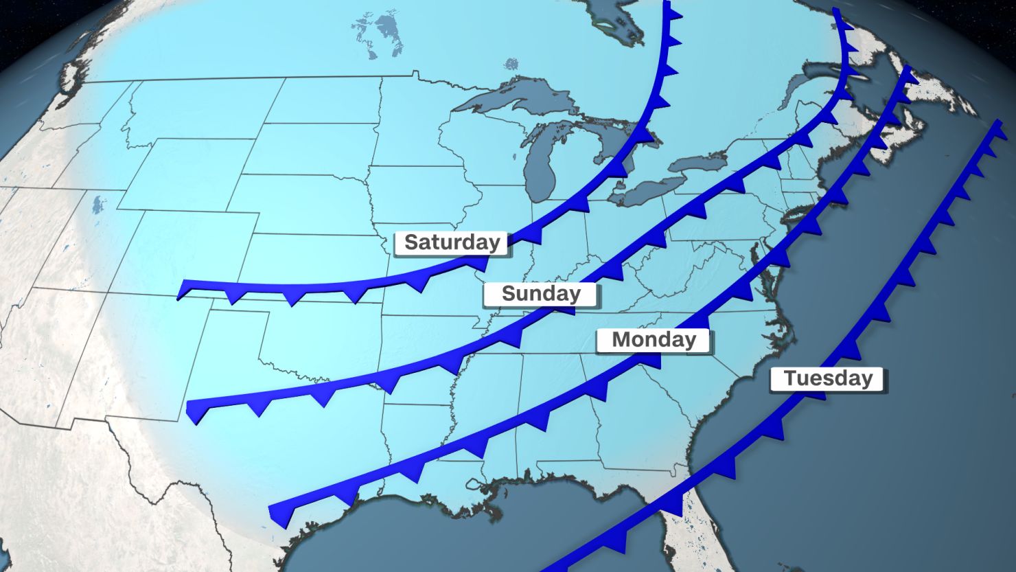 This graphic shows the timing of the cold air as it progresses across the country by Halloween on Tuesday.