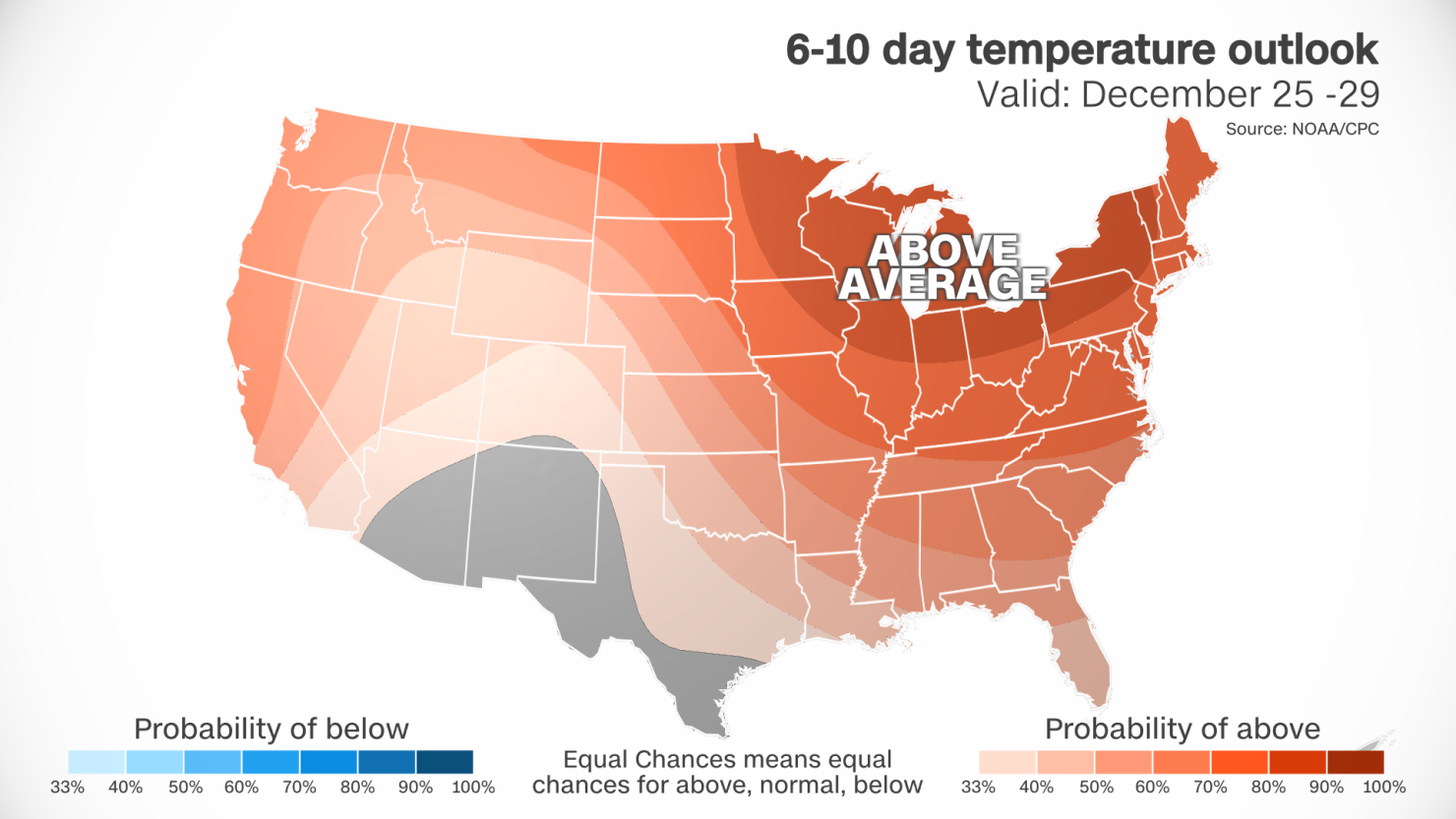 Above-average temperatures are expected across much of the US for Christmas and beyond.