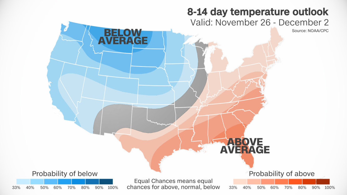 Above average temperatures will persist for the East and South while the West cools down late November into early December.