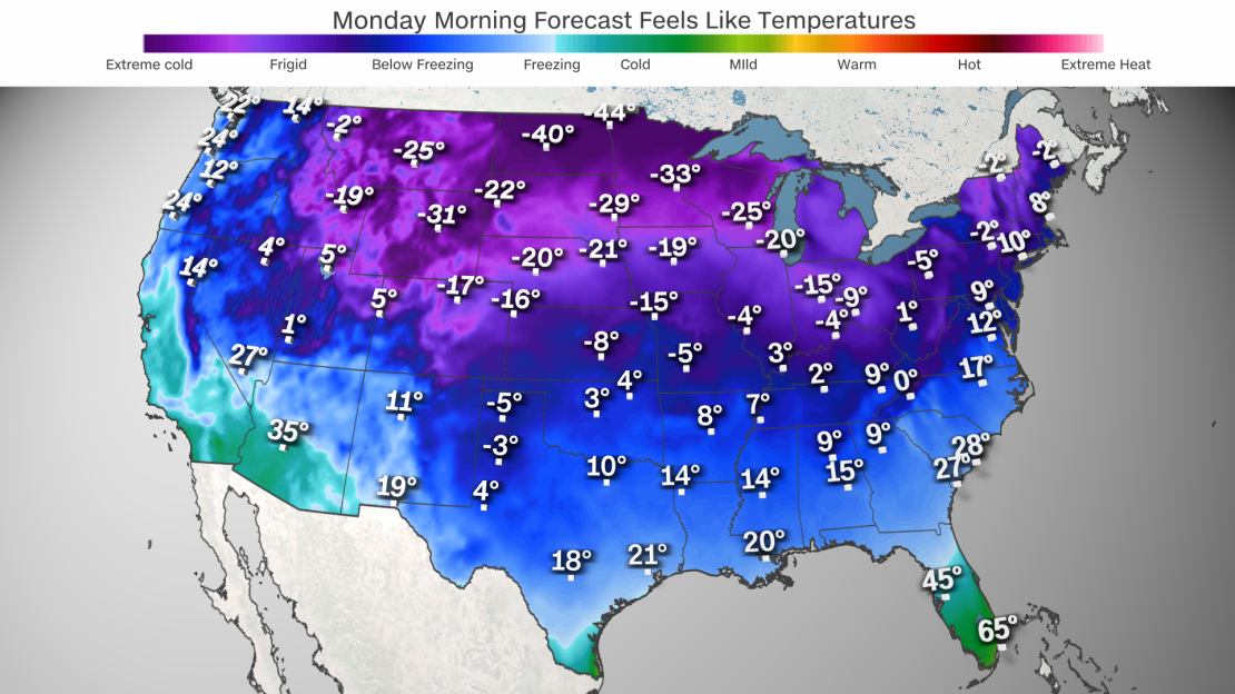 Temperatures will be very cold Monday morning for the majority of the United States.