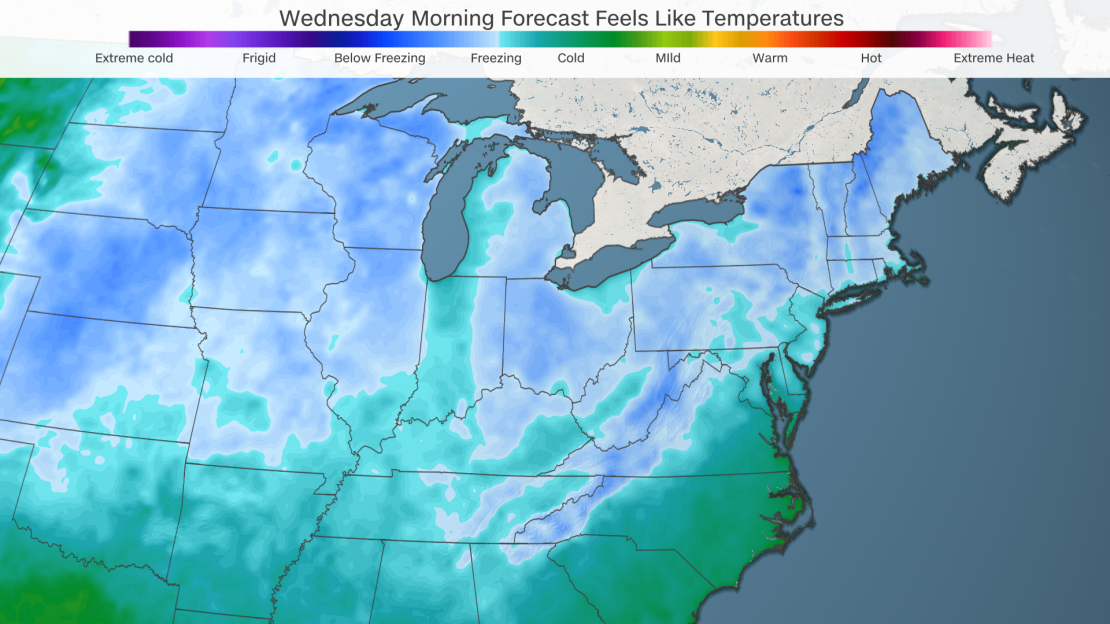 Low temperatures early Wednesday morning will feel quite cold over a large portion of the US.