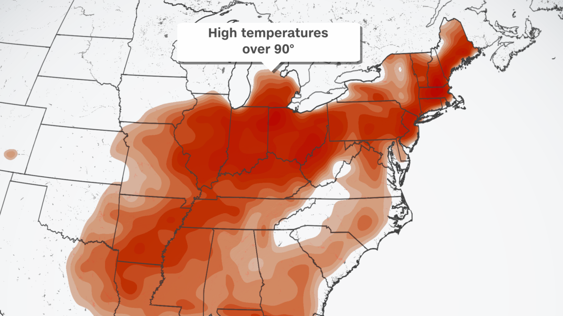 Temperatures will reach or exceed 90 degrees in a vast majority of the eastern half of the US this week, especially Wednesday and Thursday (pictured here). More than 260 million?people will experience temperatures at or above 90 degrees this week.