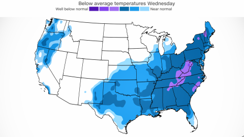 November-like temperatures are likely over a large portion of the US Wednesday.