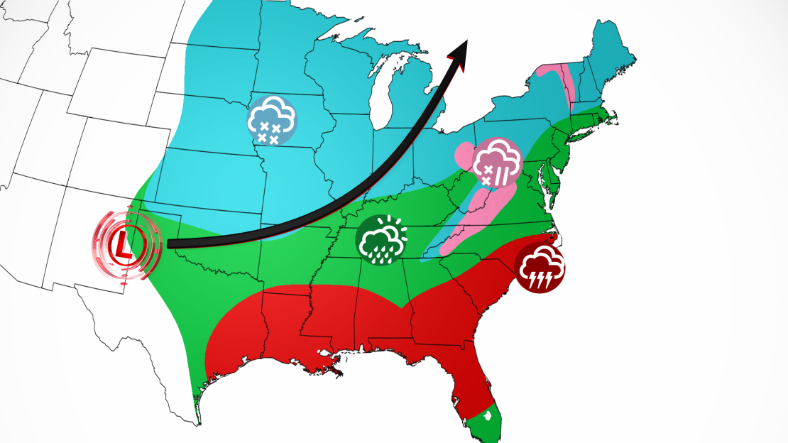 The reach of the second storm will span the entire eastern half of the country with severe storms (red), rain (green), ice (pink) and potential snow (blue).