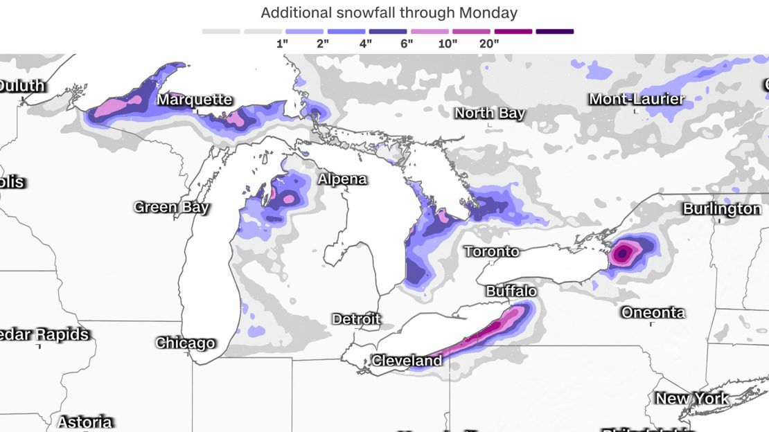 Forecast snowfall through Monday around the Great Lakes region is shown.