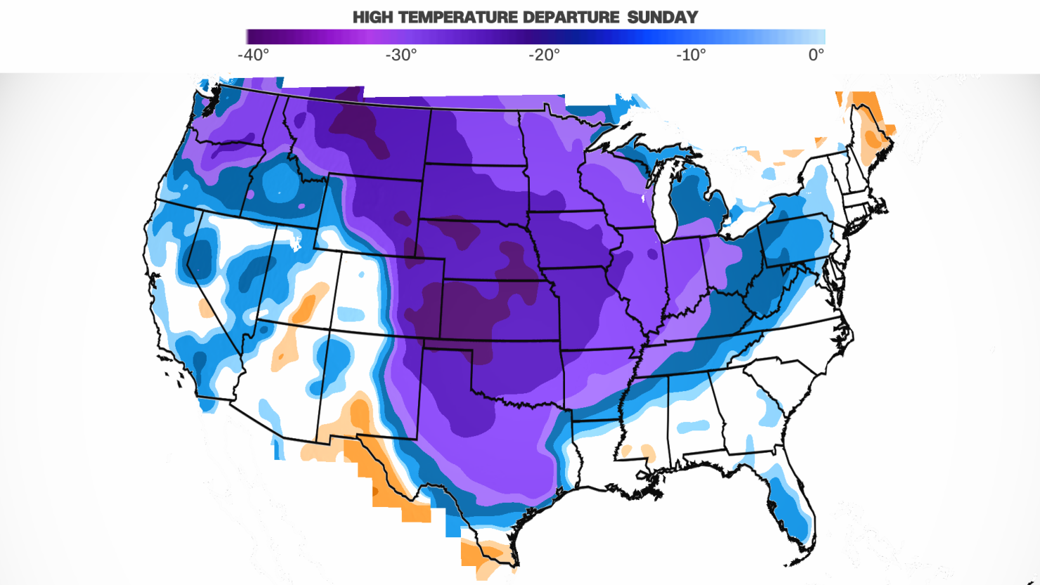 Temperatures will fall 30 and 40 degrees below normal by Sunday across the central US.