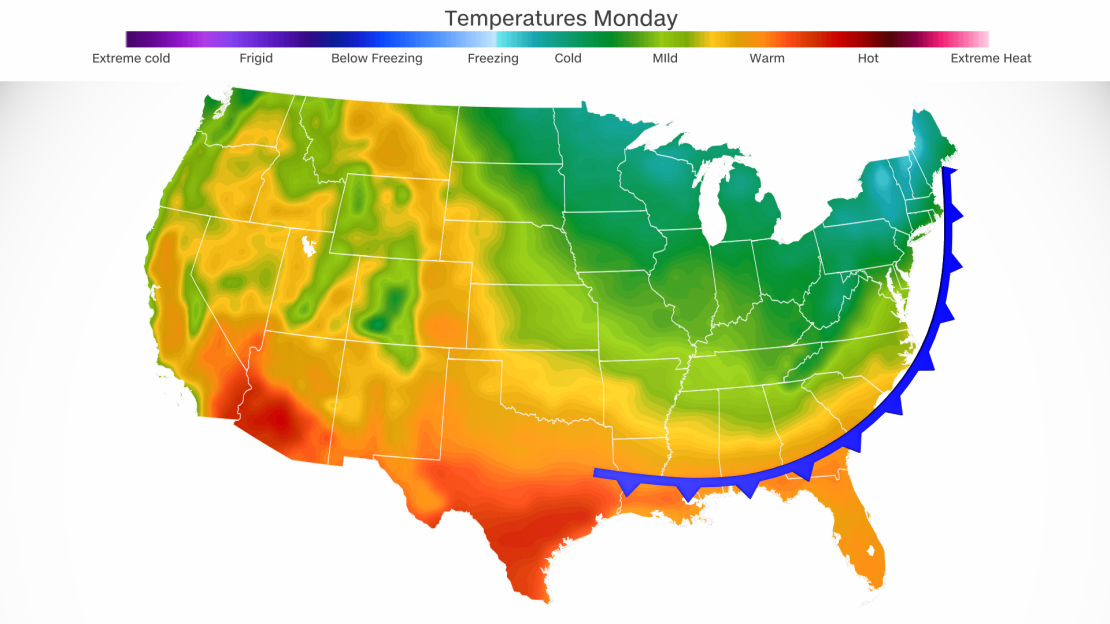 A cold front will cross the eastern half of the US by late Monday afternoon and bring cooler conditions.