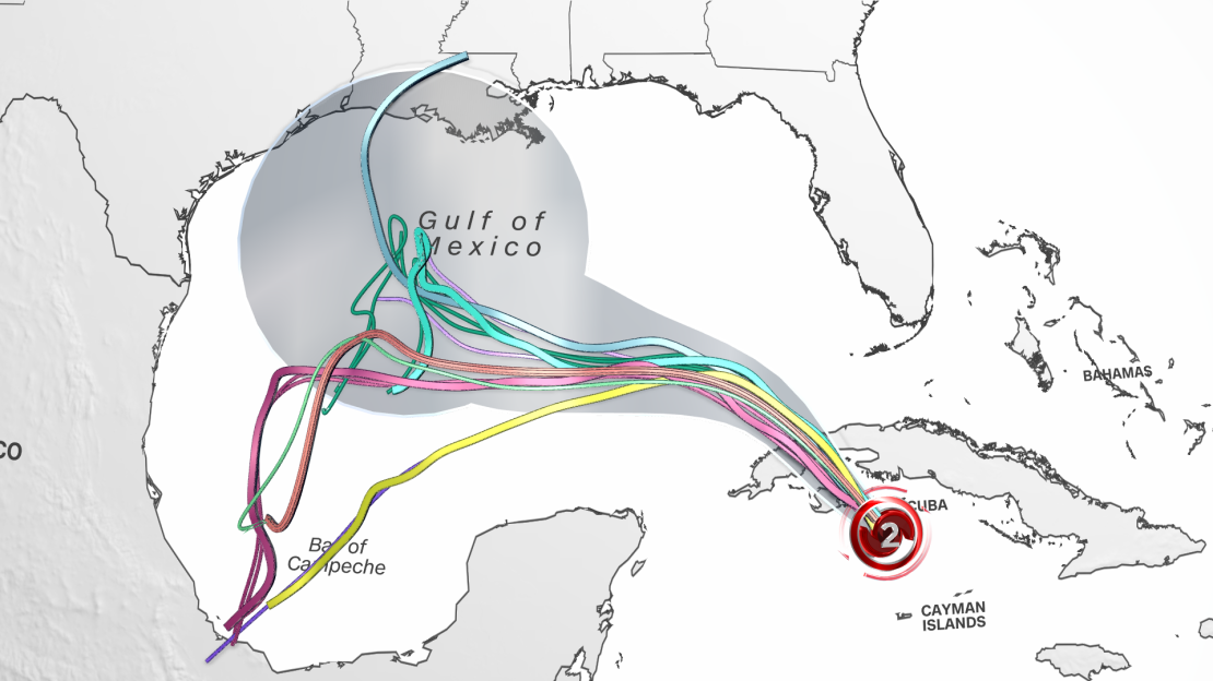 Overlaid on the National Hurricane Center's official forecast cone (gray) are various forecast model solutions (colored lines) for Rafael's trajectory. The storm's uncertain direction is trending westward and could change over the next 24 hours.