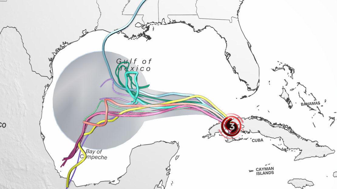 Different forecast model solutions (colored lines) for Rafael's track are overlaid on the official forecast cone (grey) from the National Hurricane Center. The storm's uncertain track has been trending west, and could still change over the next 24 hours.