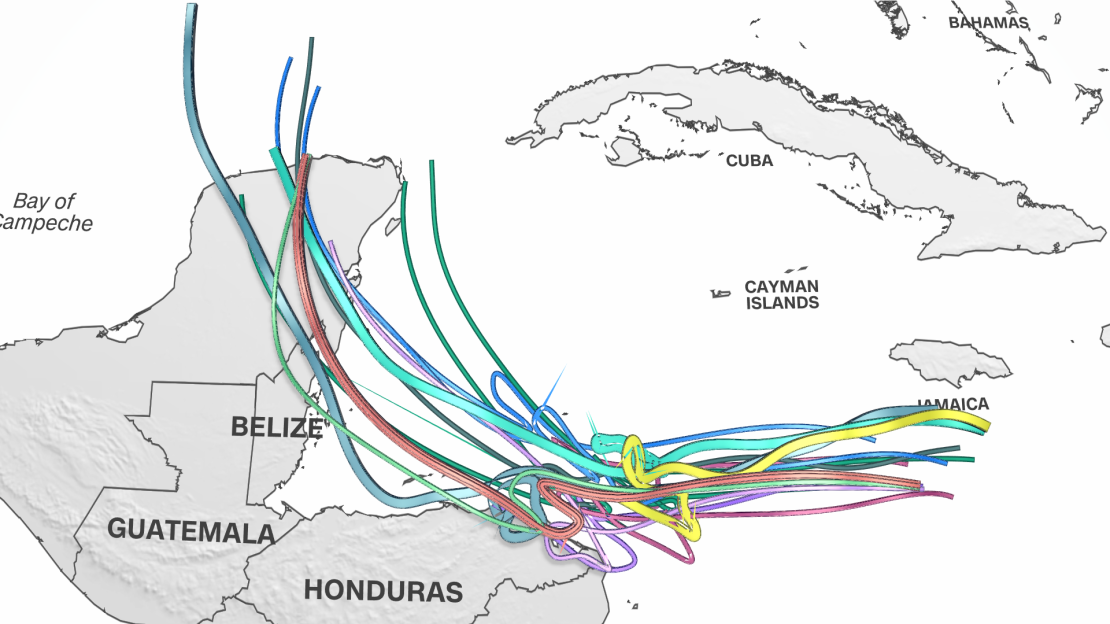 Forecast models (each represented by a different colored line) project where a tropical system might track over the next six days.