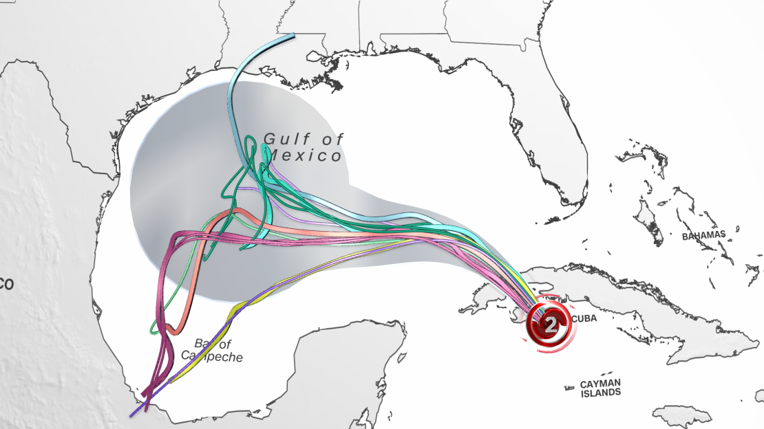 Different forecast model solutions (colored lines) for Rafael's path are overlaid on the official forecast cone (grey) from the National Hurricane Center. The storm's uncertain track has been heading west and could still change over the next 24 hours.