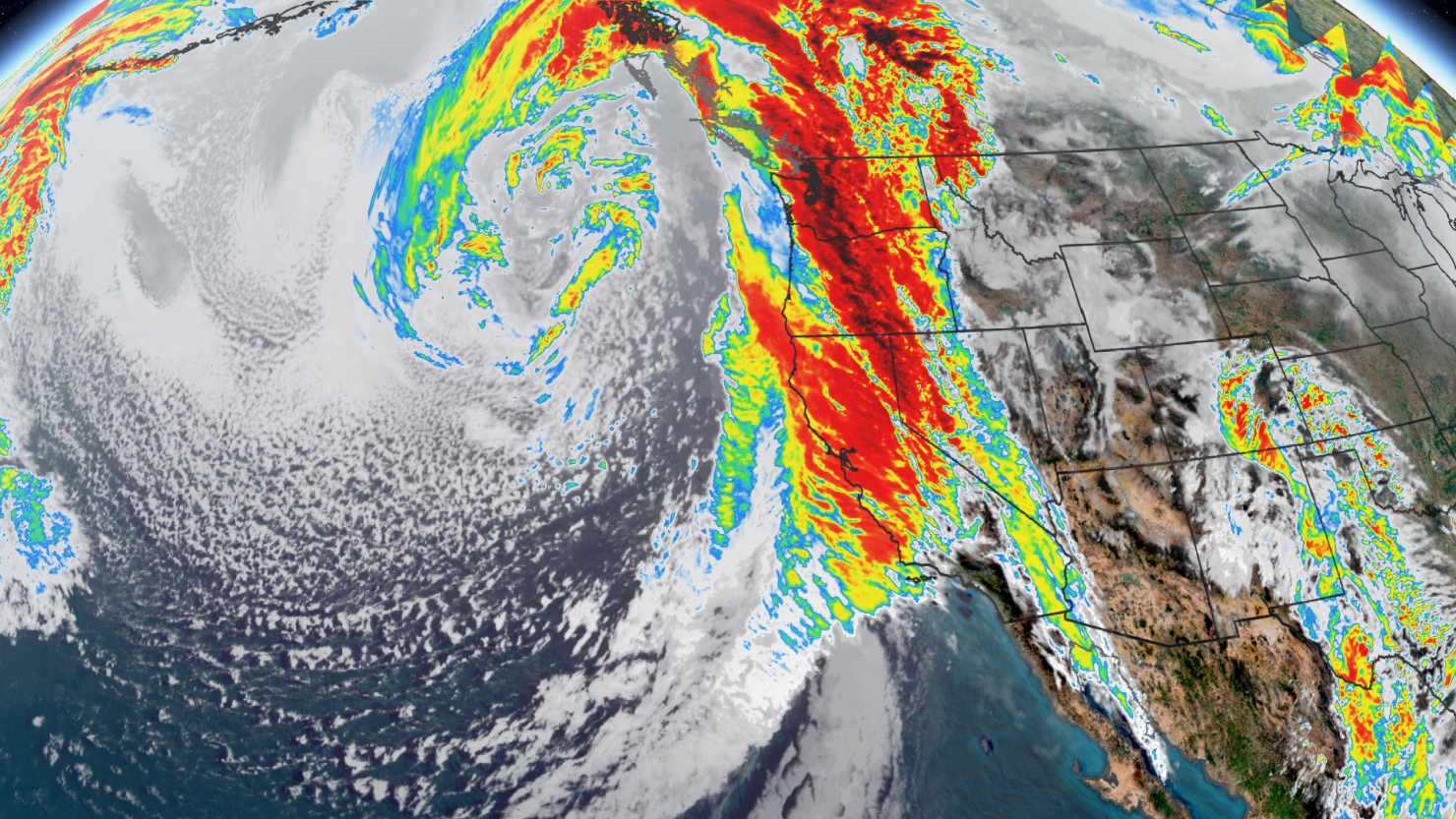 This infrared satellite image shows an atmospheric river slamming into the West Cost on Wednesday, January 31.