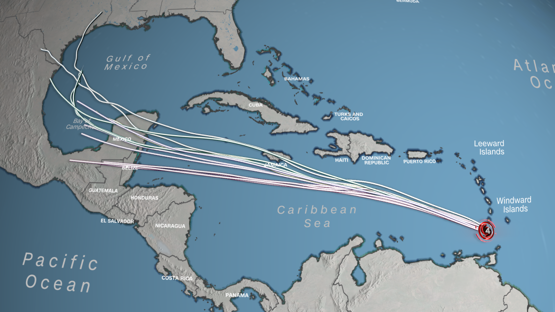 Elke lijn vertegenwoordigt een ander voorspellingsmodel dat voorspelt waar Beryl dit weekend zou kunnen volgen.  De ruimte tussen de lijnen laat zien hoeveel onzekerheid er op Beryls pad ligt: ​​meer ruimte, meer onzekerheid.  Het pad is onzeker nadat het aan land is gekomen in Yucatan.