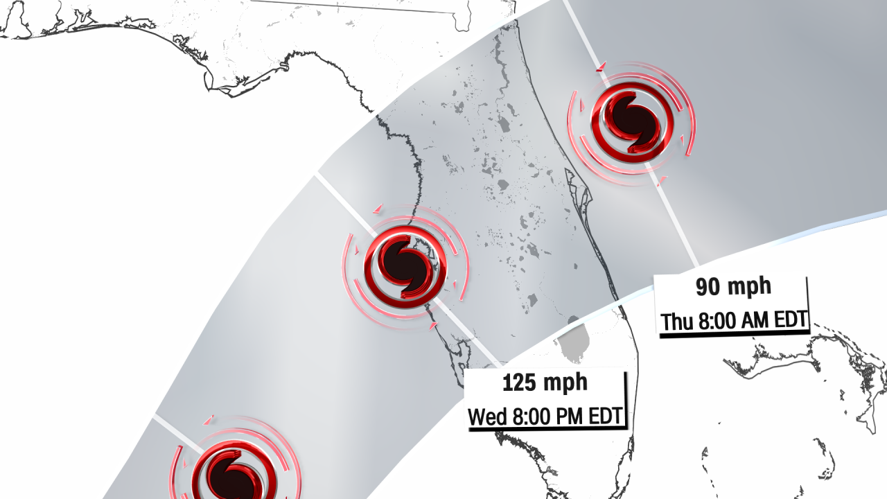 A zoomed-in look at Milton's track shows it making landfall as a Category 3 hurricane Wednesday evening in the Tampa Bay area.