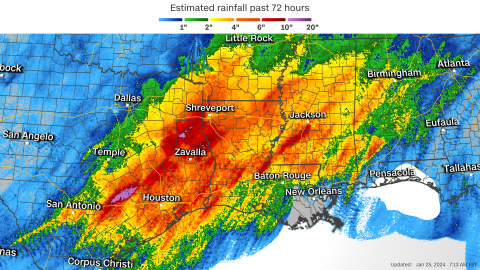 Radar-estimated rainfall totals across the South from Monday morning to Thursday morning.
