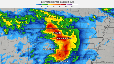 Radar estimates show how much rain fell from Tuesday night through Wednesday morning in Arkansas and the surrounding area.