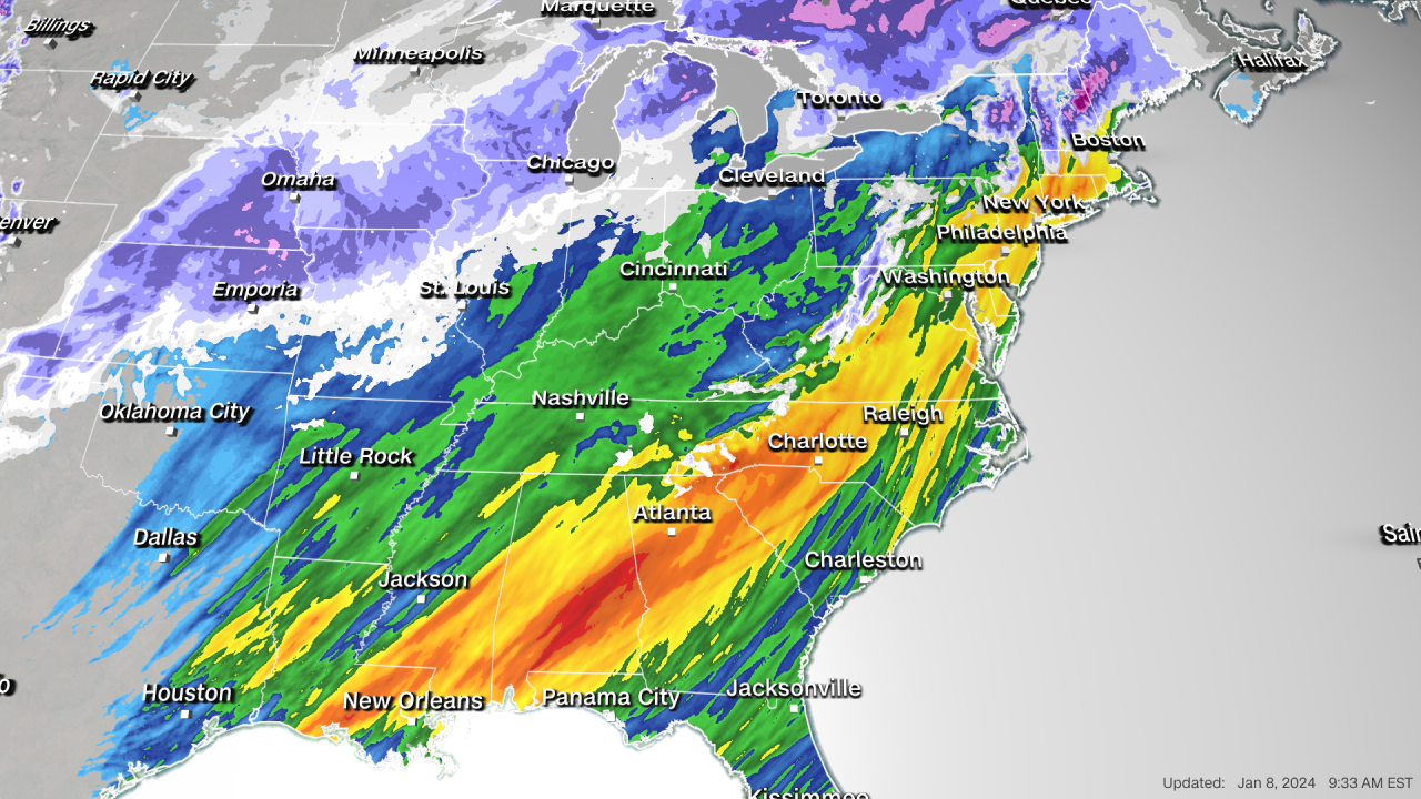 A forecast model shows where heavy rain and snow is expected from Monday into Wednesday.