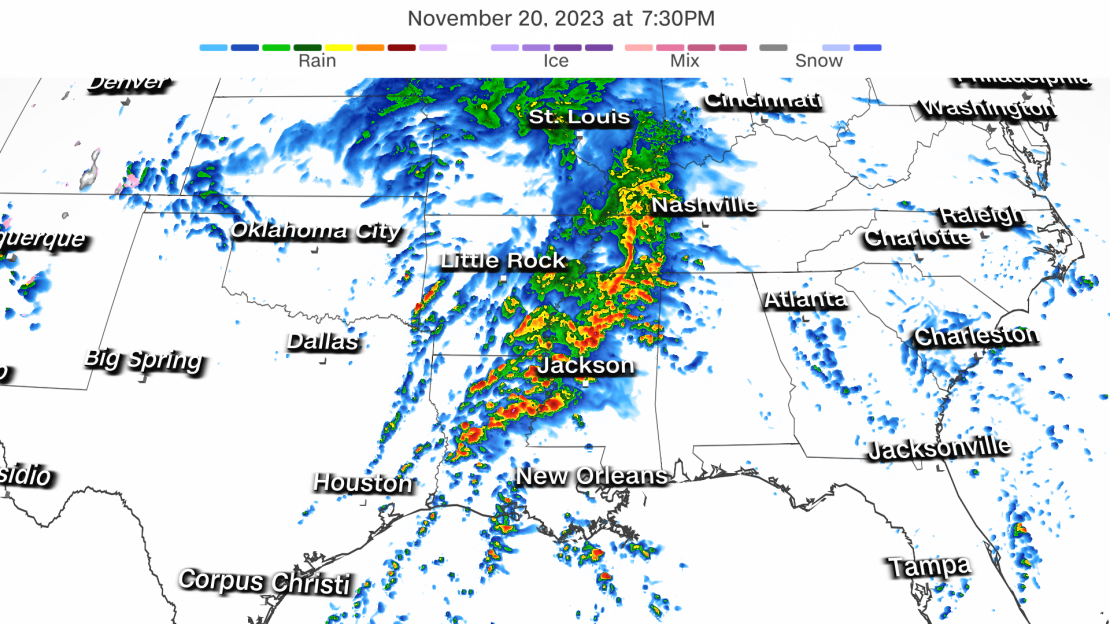 A forecast radar shows strong storms targeting the Lower Mississippi Valley on Monday evening.