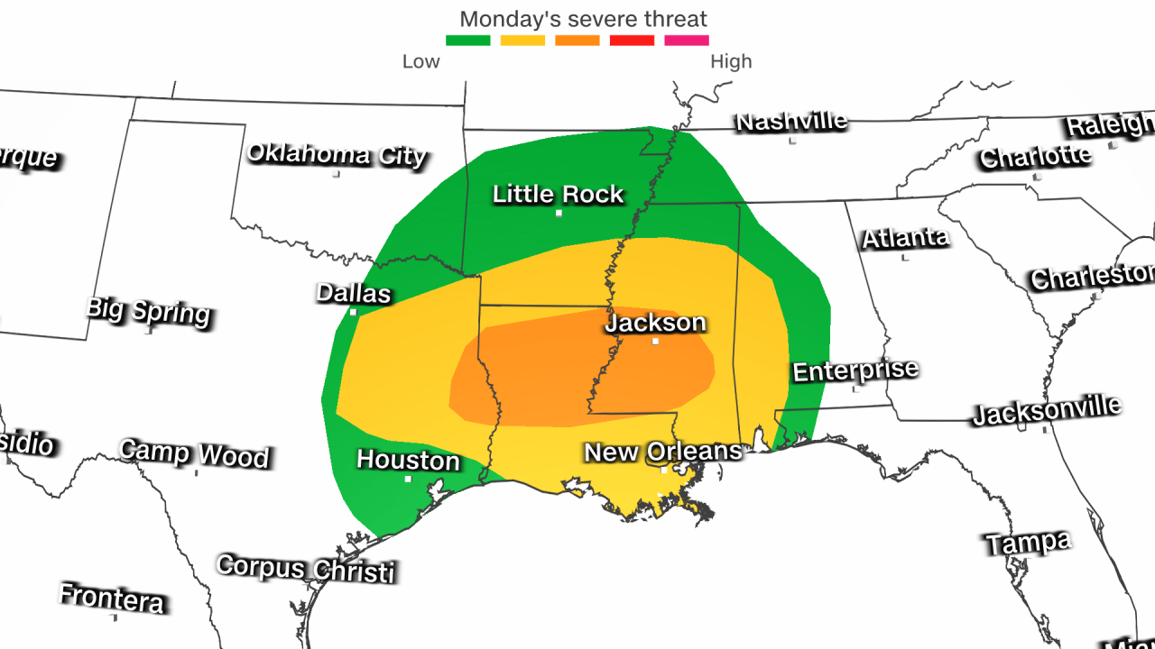 Severe thunderstorms are likely in the South on Monday.
