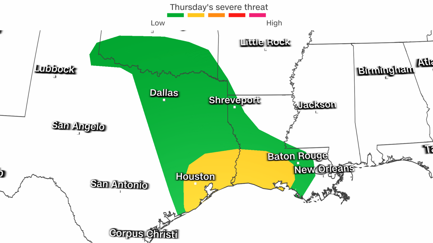 Severe thunderstorms are possible across the South on Thursday.