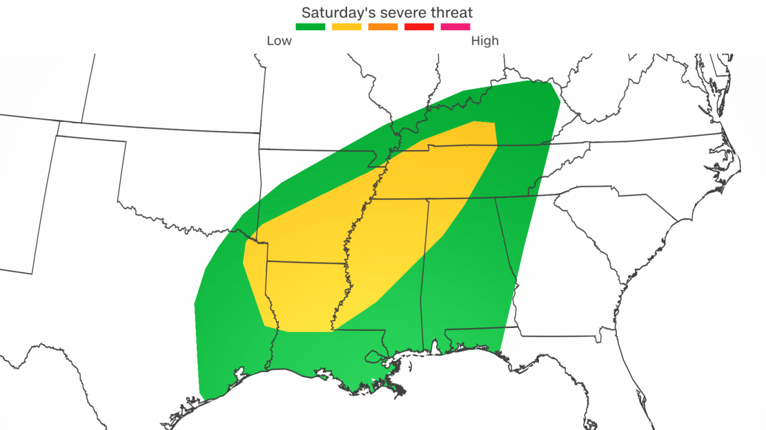 Severe thunderstorms are possible across the southern and eastern US on Saturday.