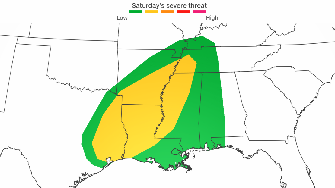 Severe thunderstorms are possible in portions of the South on Saturday.