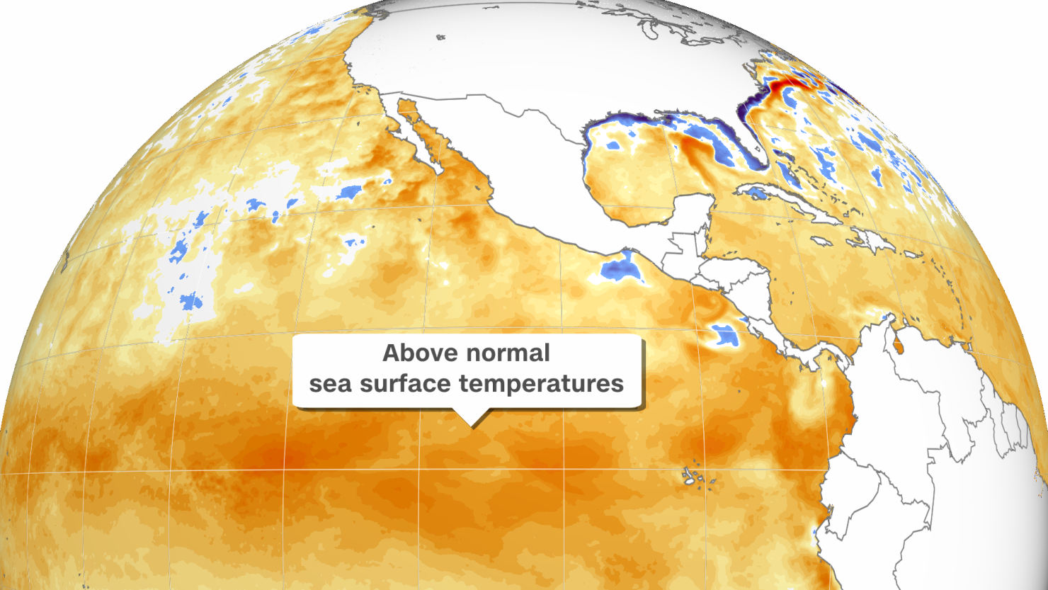 Sea-surface temperature anomalies are shown in the area of the eastern Pacific Ocean where a very strong El Niño is present on Wednesday, February 7, 2024. Darker oranges represent warmer than normal conditions while blues represent cooler than normal conditions. These ocean temperatures help determine the strength of El Niño.