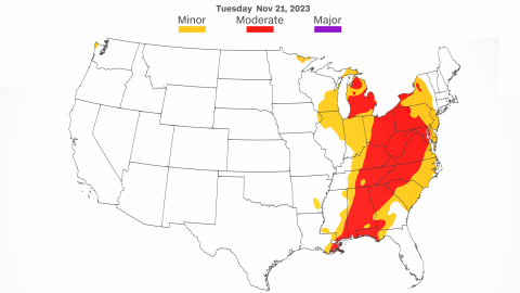 Much of the eastern half of the US is facing possible severe weather and travel delays.