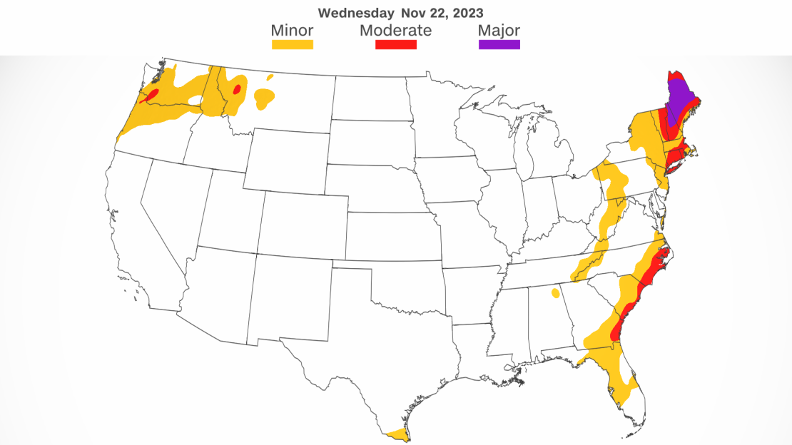 The forecast for travel impacts due to weather on Wednesday, November 22, 2023.