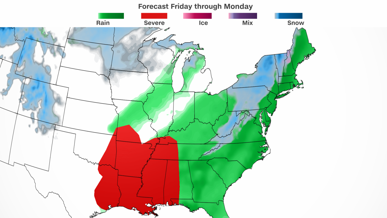 Multiple weather threats will unfold across the eastern half of the US from Friday through Monday.