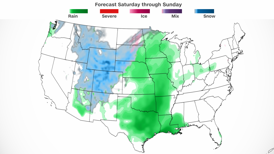 A storm will move through the Rockies Saturday and impact the central US Sunday.