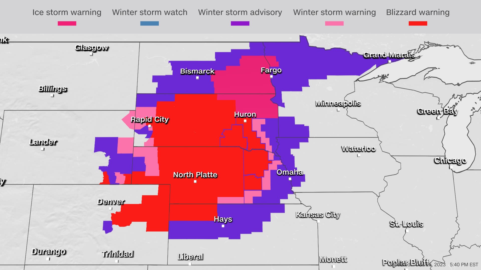 These warnings, watches and advisories were in place Monday afternoon.