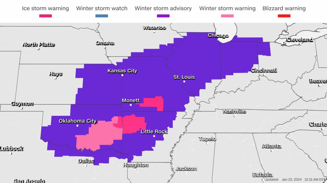 Winter weather alerts stretch from Texas to Michigan on Monday.