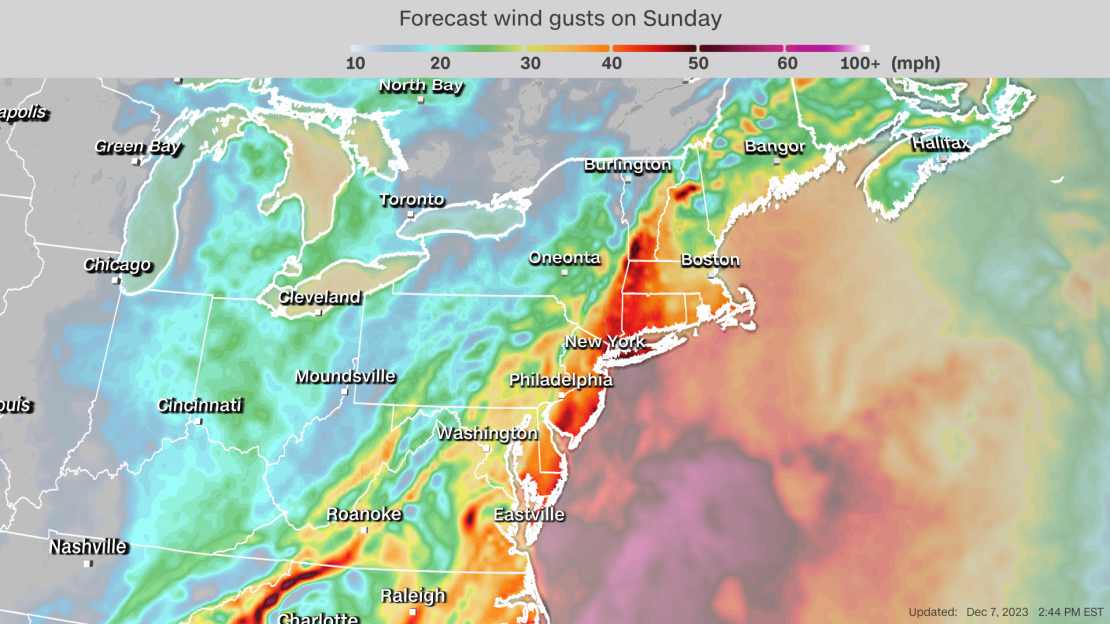 Forecast wind gusts are shown Sunday evening in the East.