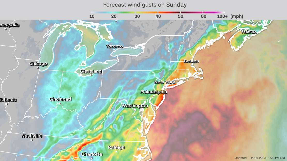 Strong wind gusts will impact the Northeast, especially on Sunday evening.