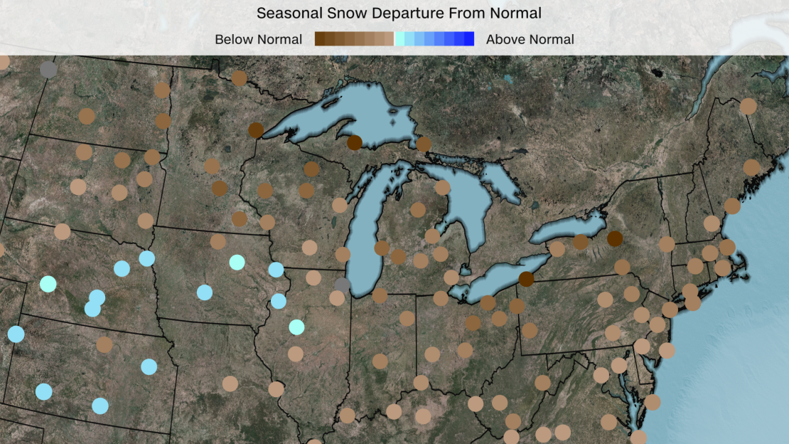A majority of cities from the Midwest to the Northeast are missing out on typical winter snowfall.