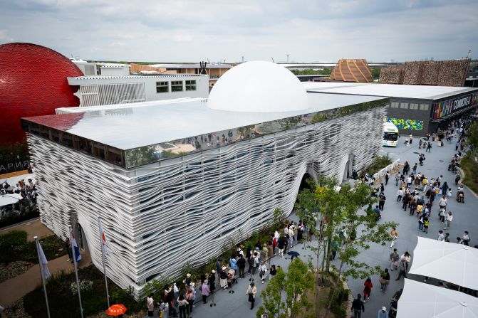 Topped with a glowing sphere which represents a rising sun, the Netherlands Pavilion is “<a href="https://nlexpo2025.nl/en/new-dawn" target="_blank">fully circular</a>,” from its imagery to its materials to its energy usage. The pavilion’s materials are all registered in Madaster, a platform that tracks and manages everything used in a project, ensuring transparency in how its reused after Expo.